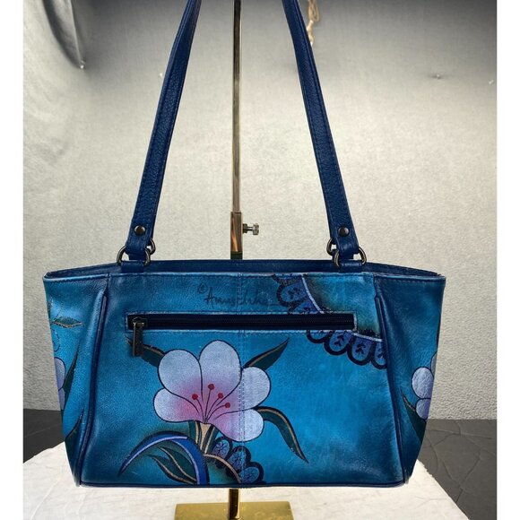 Gorgeous Anuschka Bag. Hand Painted Shoulder Bag. Blue And Rose Pattern. - Picture 14 of 16